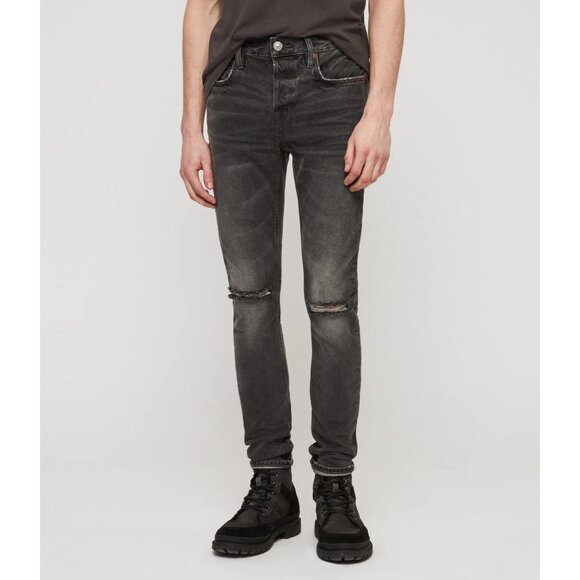 AllSaints Bannock Cigarette Black Denim Distressed Button Fly Jeans Men's W36 - Picture 3 of 10